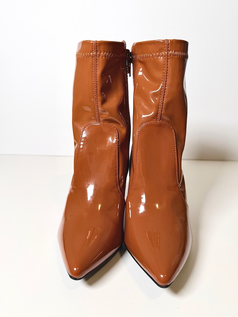 Qupid Cognac Patent Pointed Toe Ankle Booties